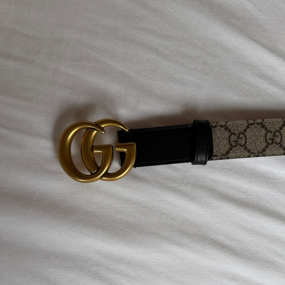 Gucci Monogram Belt with Black Trim and Gold Double G Buckle